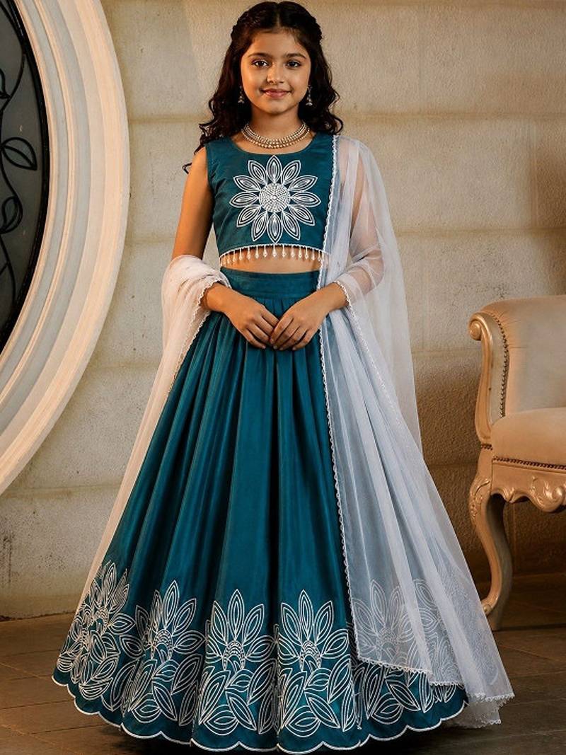 Teal embroidered thread work ready to wear lehenega choli with dupatta for girls