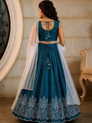 Teal embroidered thread work ready to wear lehenega choli with dupatta for girls 2