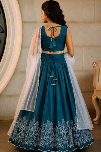 Teal embroidered thread work ready to wear lehenega choli with dupatta for girls
