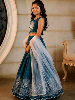 Teal embroidered thread work ready to wear lehenega choli with dupatta for girls 3