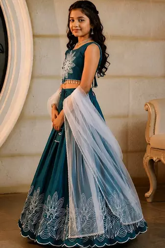 Teal embroidered thread work ready to wear lehenega choli with dupatta for girls
