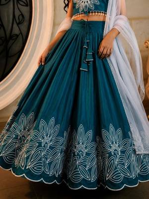 Teal embroidered thread work ready to wear lehenega choli with dupatta for girls 4