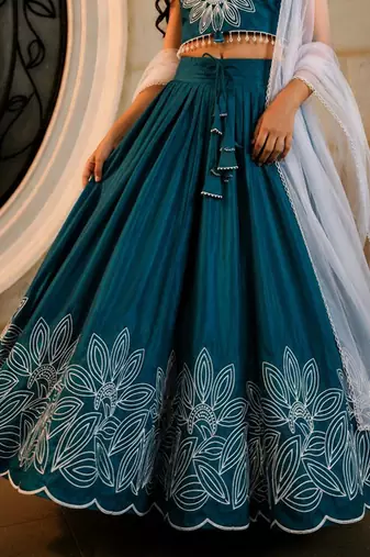Teal embroidered thread work ready to wear lehenega choli with dupatta for girls