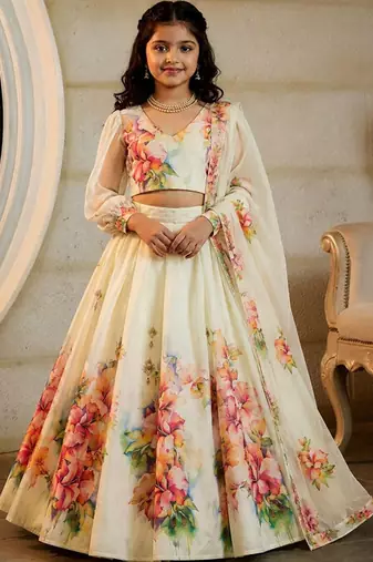 Off white georgette ready to wear lehenega choli with dupatta for girls