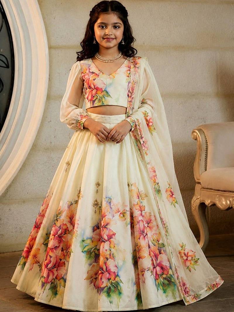 Off white georgette ready to wear lehenega choli with dupatta for girls