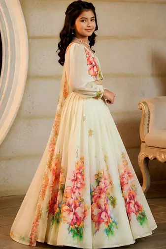 Off white georgette ready to wear lehenega choli with dupatta for girls