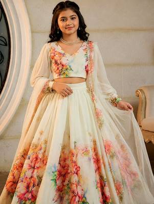 Off white georgette ready to wear lehenega choli with dupatta for girls 4