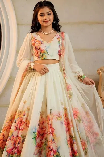 Off white georgette ready to wear lehenega choli with dupatta for girls
