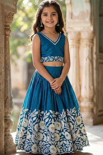 Teal embellished beads and stones ready to wear lehenega choli for girls
