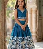 Teal embellished beads and stones ready to wear lehenega choli for girls