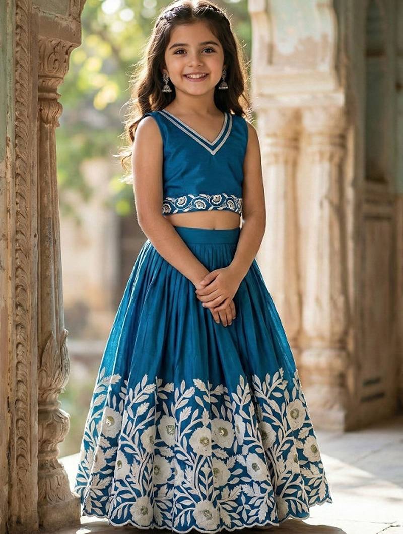 Teal embellished beads and stones ready to wear lehenega choli for girls
