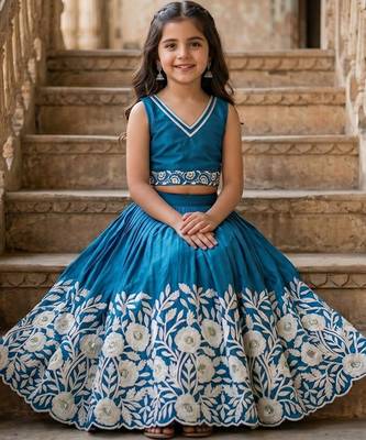 Teal embellished beads and stones ready to wear lehenega choli for girls 2