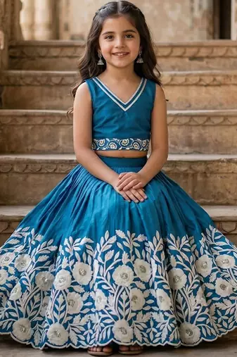 Teal embellished beads and stones ready to wear lehenega choli for girls
