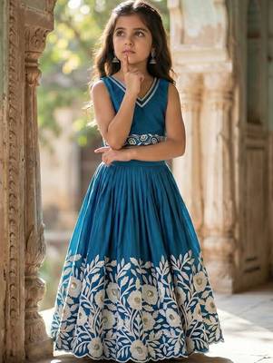 Teal embellished beads and stones ready to wear lehenega choli for girls 3