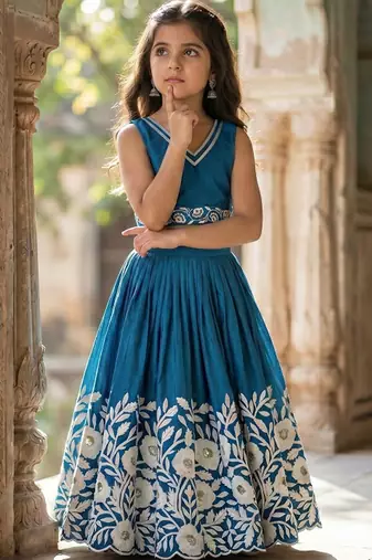 Teal embellished beads and stones ready to wear lehenega choli for girls