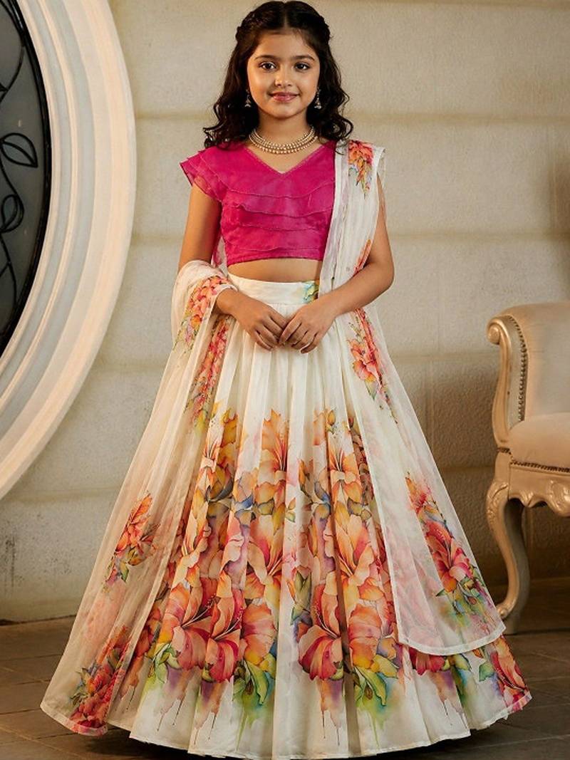 Cream georgette ready to wear lehenega choli with dupatta for girls