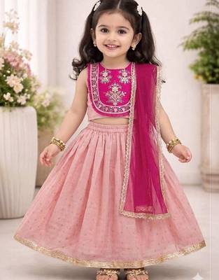Peach embroidered thread work ready to wear lehenega choli with dupatta for girls 1