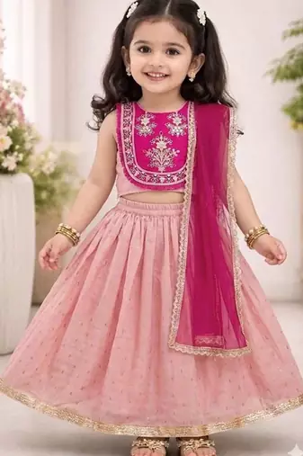 Peach embroidered thread work ready to wear lehenega choli with dupatta for girls