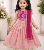 Peach embroidered thread work ready to wear lehenega choli with dupatta for girls