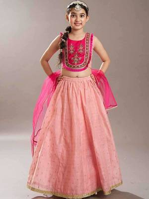 Peach embroidered thread work ready to wear lehenega choli with dupatta for girls 2