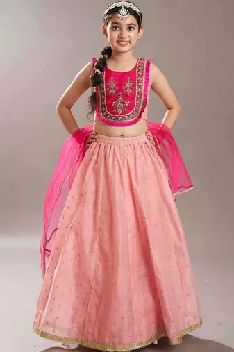 Peach embroidered thread work ready to wear lehenega choli with dupatta for girls