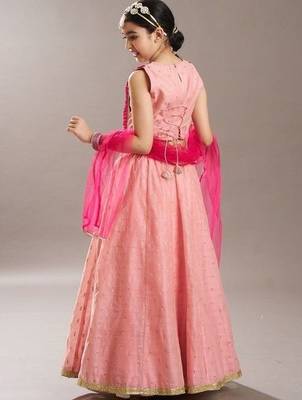 Peach embroidered thread work ready to wear lehenega choli with dupatta for girls 3