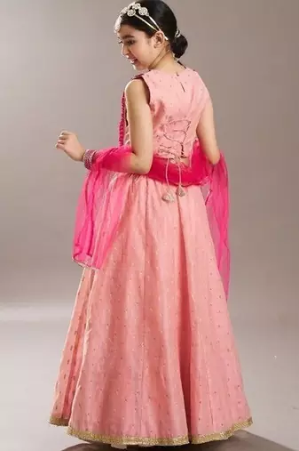 Peach embroidered thread work ready to wear lehenega choli with dupatta for girls