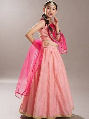 Peach embroidered thread work ready to wear lehenega choli with dupatta for girls 4