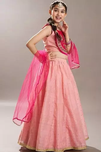 Peach embroidered thread work ready to wear lehenega choli with dupatta for girls