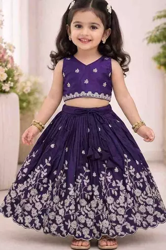 Violet embroidered thread work ready to wear lehenega choli for girls