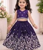 Violet embroidered thread work ready to wear lehenega choli for girls