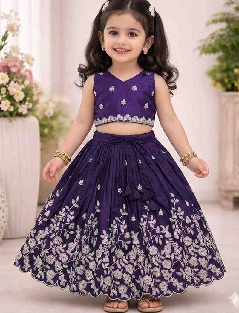 Violet embroidered thread work ready to wear lehenega choli for girls