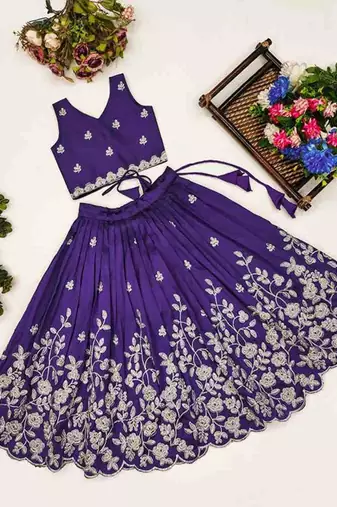 Violet embroidered thread work ready to wear lehenega choli for girls