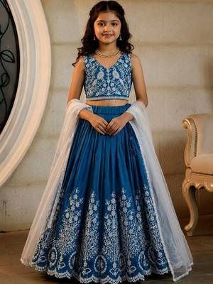 Teal embroidered thread work ready to wear lehenega choli with dupatta for girls 1