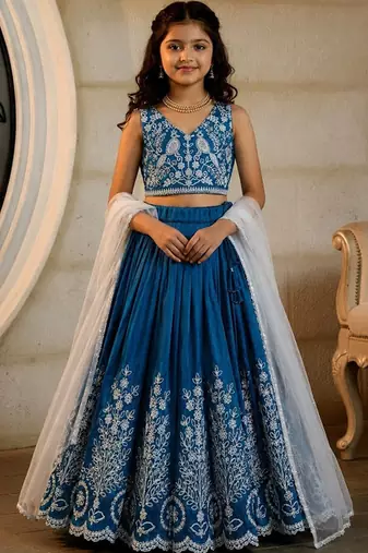 Teal embroidered thread work ready to wear lehenega choli with dupatta for girls