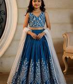 Teal embroidered thread work ready to wear lehenega choli with dupatta for girls