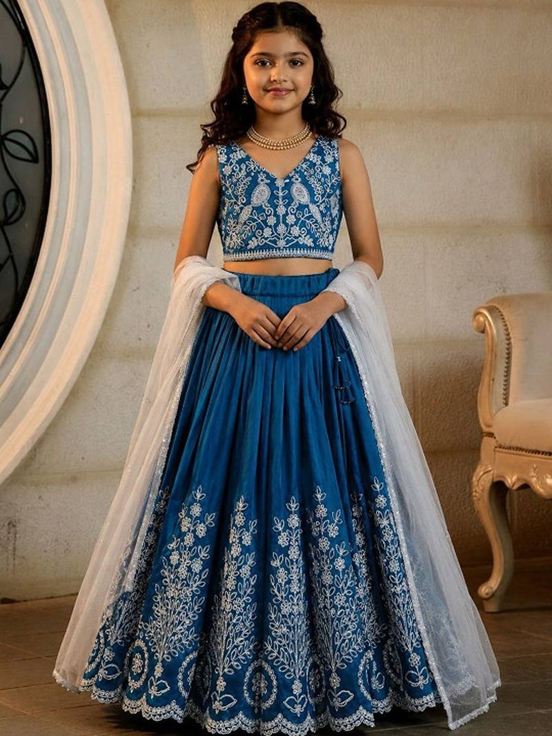 Teal embroidered thread work ready to wear lehenega choli with dupatta for girls