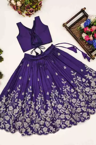 Violet embroidered thread work ready to wear lehenega choli for girls