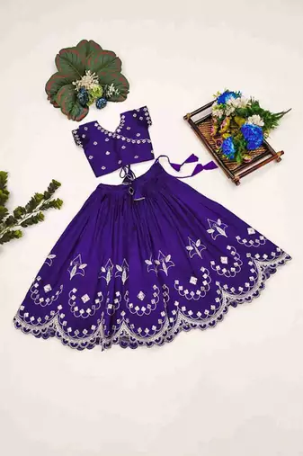 Violet embroidered thread work ready to wear lehenega choli for girls