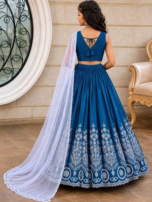 Teal embroidered thread work ready to wear lehenega choli with dupatta for girls 2