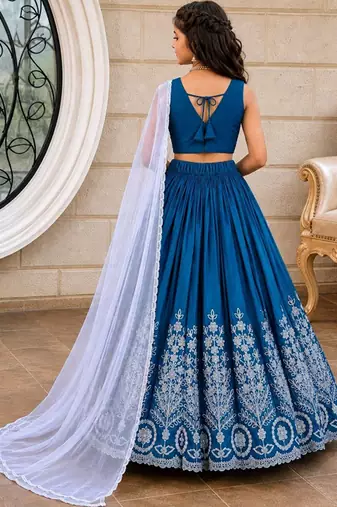 Teal embroidered thread work ready to wear lehenega choli with dupatta for girls