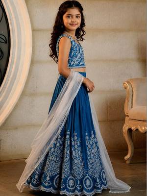 Teal embroidered thread work ready to wear lehenega choli with dupatta for girls 3