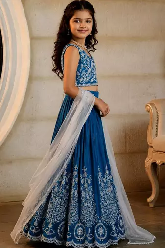 Teal embroidered thread work ready to wear lehenega choli with dupatta for girls