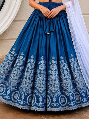 Teal embroidered thread work ready to wear lehenega choli with dupatta for girls 4