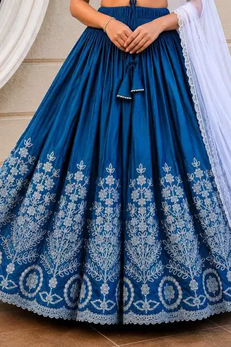 Teal embroidered thread work ready to wear lehenega choli with dupatta for girls
