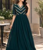 Rama georgette sequins multithreaded bead embroidered ruffle flared gown