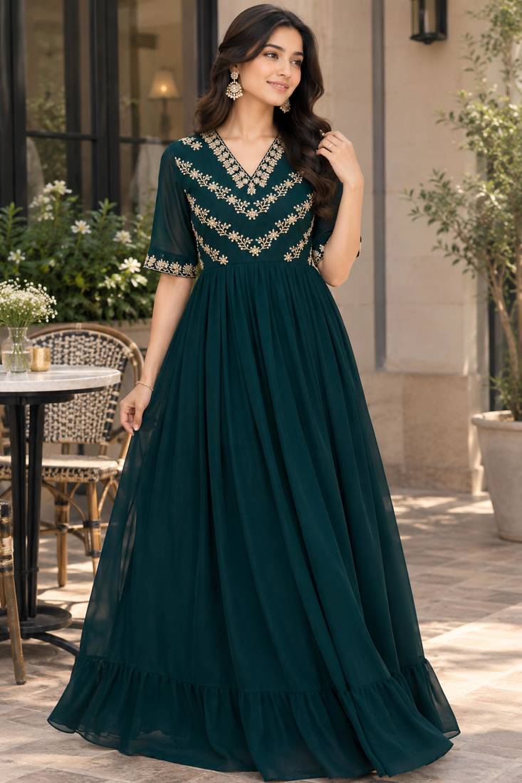 Rama georgette sequins multithreaded bead embroidered ruffle flared gown