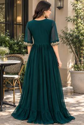 Rama georgette sequins multithreaded bead embroidered ruffle flared gown 2