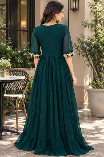 Rama georgette sequins multithreaded bead embroidered ruffle flared gown