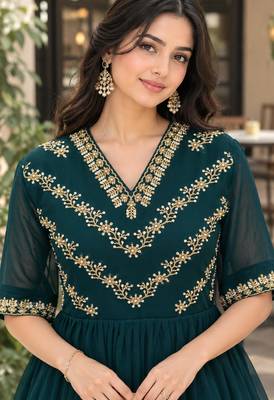 Rama georgette sequins multithreaded bead embroidered ruffle flared gown 3